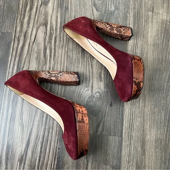 Prada NEW Authentic Burgundy Suede Platform Block Heels with Snakeskin Detail - Picture 4 of 14